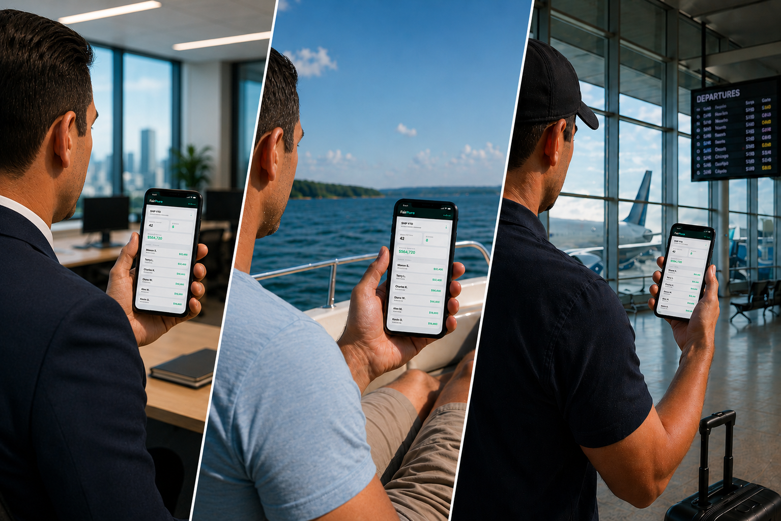 FloorPulse app visible from the office, a boat, and the airport